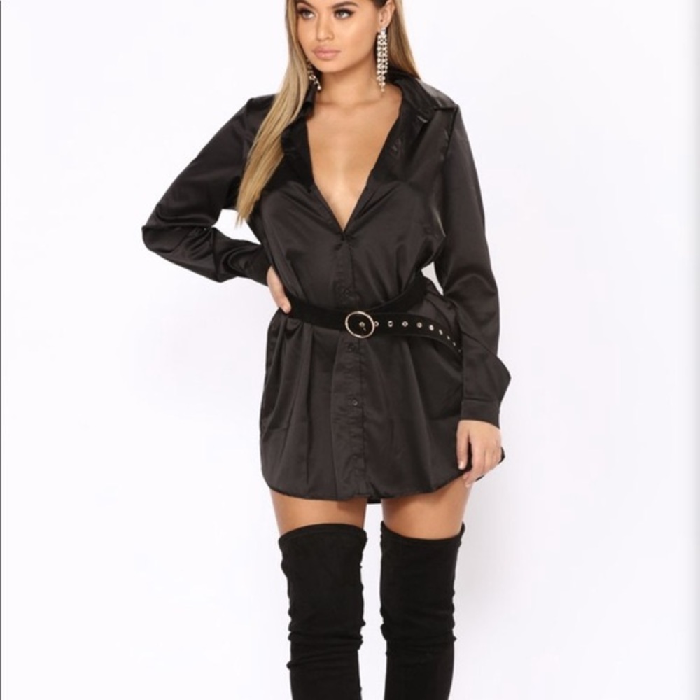 Fashion Nova Black Satin Shirt Dress NWT